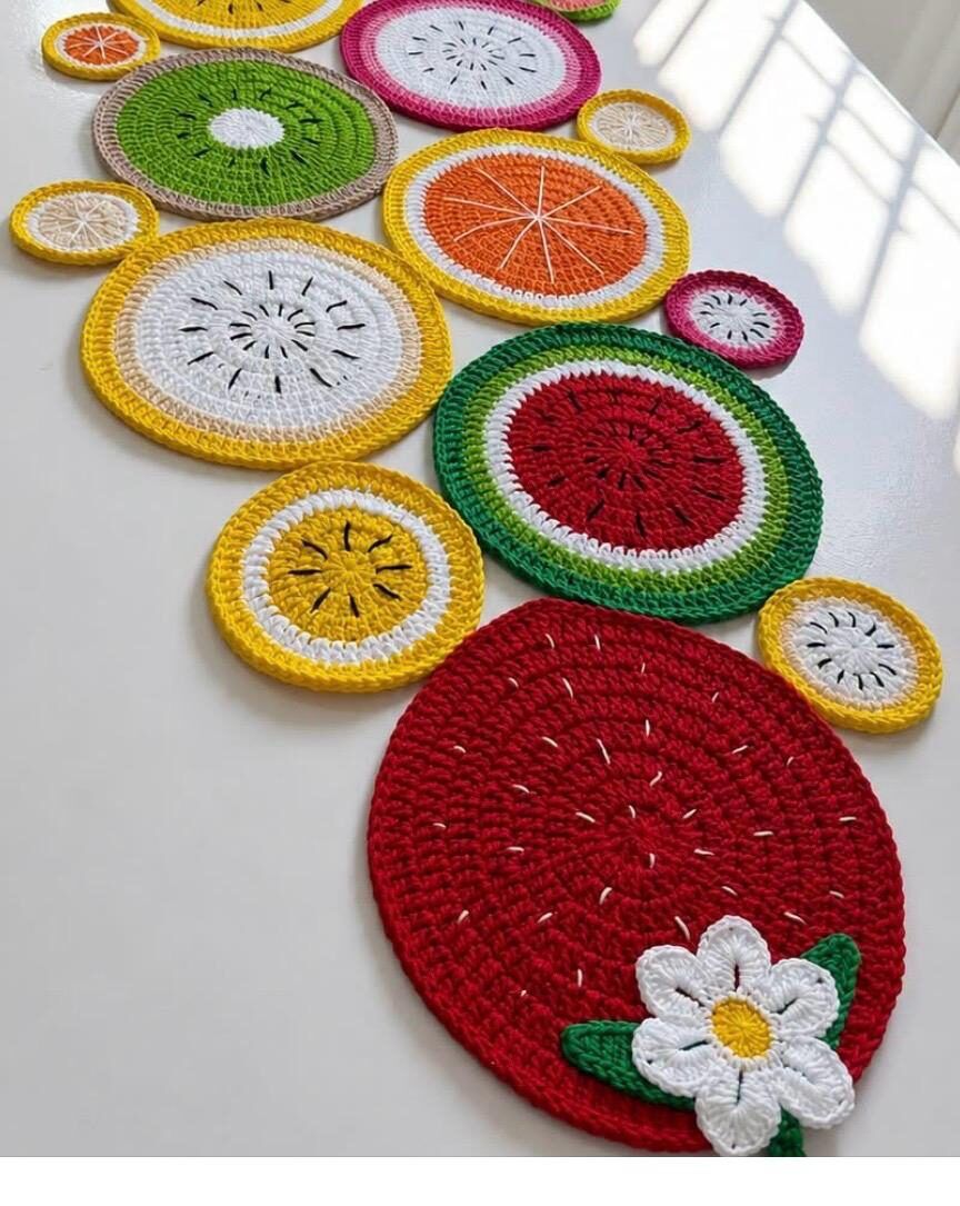 Crochet fruit motif table runner